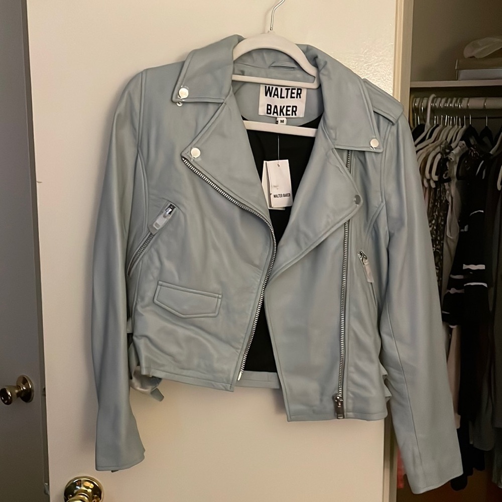 Light blue leather jacket with chrome detail
